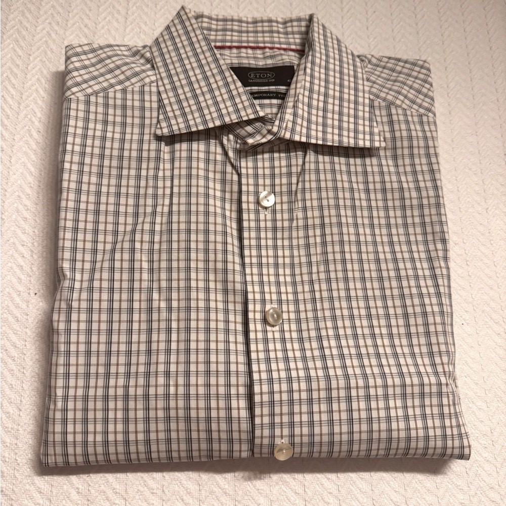 Eton dress shirt Vintage Quality 100% Cotton Blue White and Tan pattern Nice